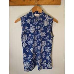 Liz Claiborne Blue White Floral Sleeveless Button Up Blouse Size S 100% Silk